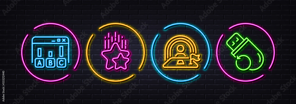 Lgbt, Ranking stars and Survey results minimal line icons. Neon laser 3d lights. Flash memory icons. For web, application, printing. Work review, Winner award, Best answer. Recovery usb. Vector