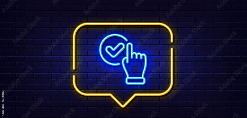 Neon light speech bubble. Checkbox line icon. Approve sign. Confirmed click symbol. Neon light background. Checkbox glow line. Brick wall banner. Vector Neon light speech bubble. Checkbox line icon. Approve sign. Confirmed click symbol. Neon light background. Checkbox glow line. Brick wall banner. Vector