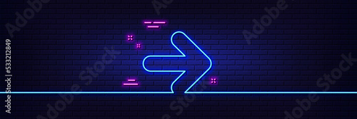 Neon light glow effect. Next arrow line icon. Forward Arrowhead symbol. Navigation pointer sign. 3d line neon glow icon. Brick wall banner. Next outline. Vector
