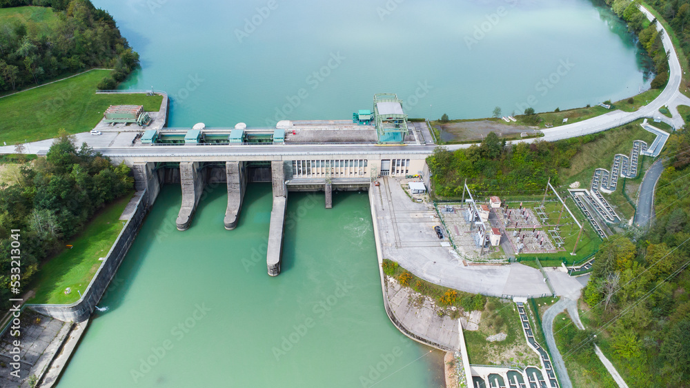 Aerial view of the water power plant Edling at the river Drau