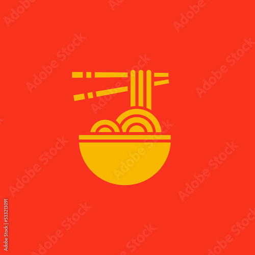 Vector illustration of delicious Japanese ramen shop noodle on bowl with vintage retro flat style. Japanese food, ramen noodle silhouette. Typography logo.