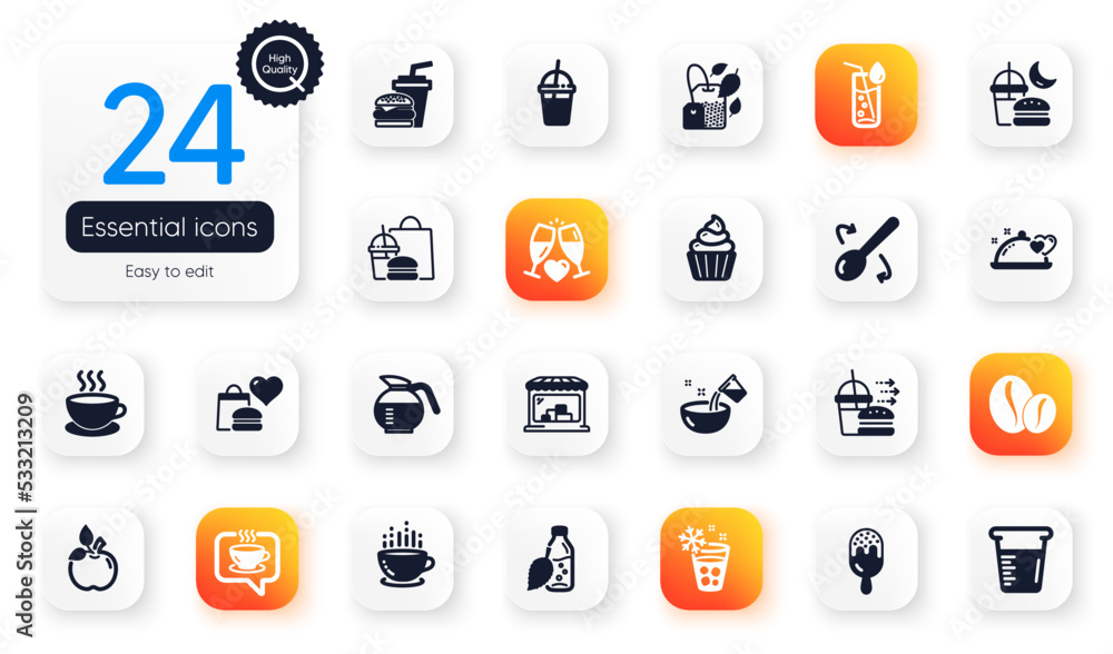 Set of Food and drink flat icons. Coffee cocktail, Eco food and Coffeepot elements for web application. Coffee cup, Cooking spoon, Wedding glasses icons. Cupcake, Food donation. Vector Set of Food and drink flat icons. Coffee cocktail, Eco food and Coffeepot elements for web application. Coffee cup, Cooking spoon, Wedding glasses icons. Cupcake, Food donation. Vector
