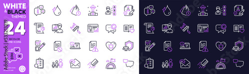 Opinion, Presentation board and Inspect line icons for website, printing. Collection of Hydroelectricity, Business hierarchy, Love book icons. Checkbox, Credit card. Bicolor outline icon. Vector