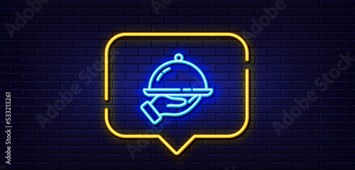 Neon light speech bubble. Restaurant food line icon. Dinner sign. Hotel room service symbol. Neon light background. Restaurant food glow line. Brick wall banner. Vector