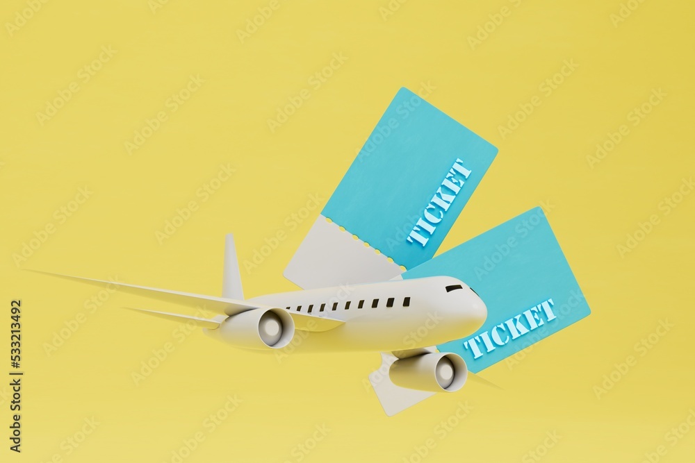 the concept of buying plane tickets. plane and tickets for it on a yellow background. 3D render the concept of buying plane tickets. plane and tickets for it on a yellow background. 3D render