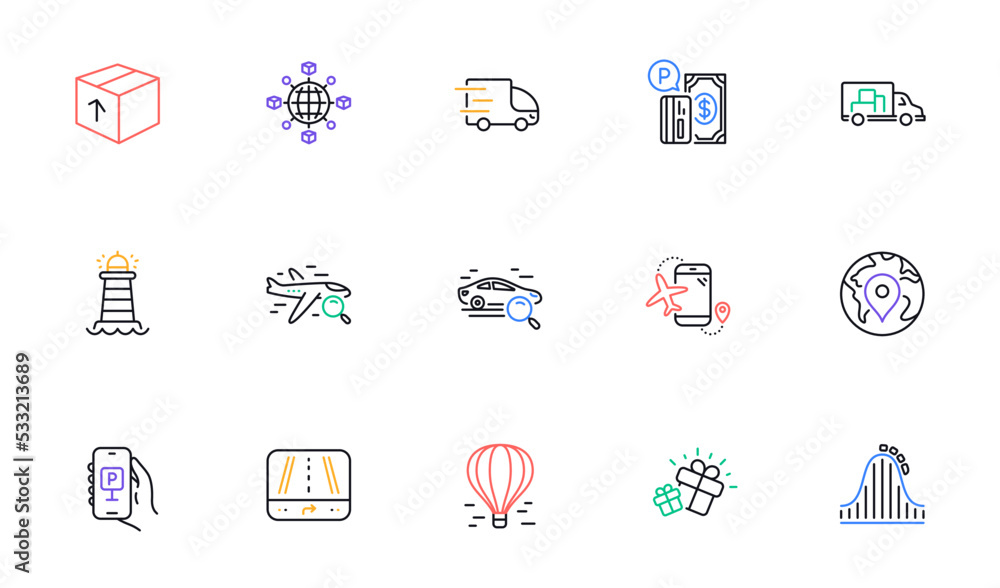 Search car, Lighthouse and Truck transport line icons for website, printing. Collection of Search flight, Gift, Pin icons. Flights application, Air balloon, Gps web elements. Vector