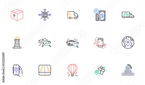 Search car, Lighthouse and Truck transport line icons for website, printing. Collection of Search flight, Gift, Pin icons. Flights application, Air balloon, Gps web elements. Vector
