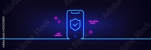 Neon light glow effect. Phone protection line icon. Cyber defence sign. Security shield symbol. 3d line neon glow icon. Brick wall banner. Phone protection outline. Vector