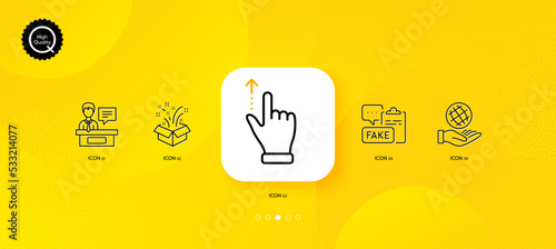 Exhibitors, Safe planet and Fake document minimal line icons. Yellow abstract background. Gift, Touchscreen gesture icons. For web, application, printing. Vector