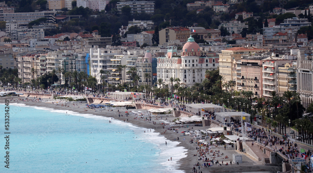 Nice, France - 25.09.2022: View of Nice, beaches and the famous Promenade des Anglais from Mont Boron park