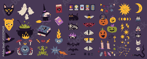 Big set with magic occult things, cartoon style. Witchcraft, withcore aesthetic. Happy Halloween. Trendy modern vector illustration, hand drawn, flat