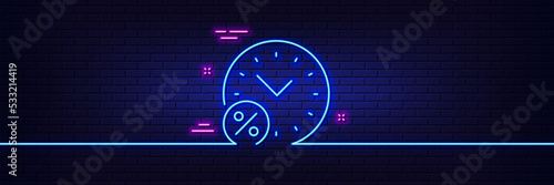Neon light glow effect. Loan time percent line icon. Discount sign. Credit percentage symbol. 3d line neon glow icon. Brick wall banner. Loan percent outline. Vector