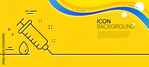 Medical syringe line icon. Abstract yellow background. Medicine vaccine sign. Pharmacy medication symbol. Minimal medical syringe line icon. Wave banner concept. Vector