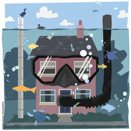 Submerged house underwater in cartoon style wearing a snorkel and mask. Overwhelmed by the cost of living crisis, climate change, energy crisis, inflation, Mortgage interest rates and global warming.