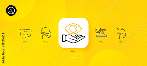 Friends chat, Idea and Health eye minimal line icons. Yellow abstract background. Smile face, Medical mask icons. For web, application, printing. Love, Professional job, Optometry. Chat. Vector