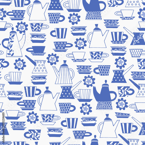 Seamless pattern. Hand drawn Fika koffe cups decorated with patterns in Scandinavian style. Hot drinks, Pottery, holidays concept. For wrapping paper, other design projects