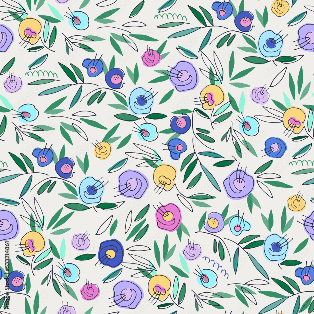 Seamless colorful pattern with hand drawn bright flowers on dark background for surface design and other design projects
