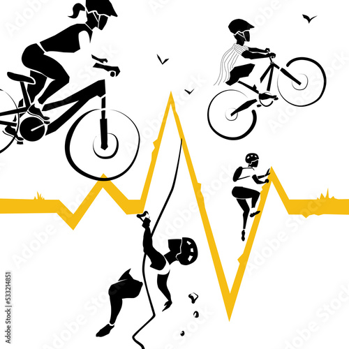 Figures in silhouette, mountain biking, rock climbing and bouldering on an orange heart rate pulse line graphic. Promoting fun and exciting outdoor sports as part of a heart healthy lifestyle.