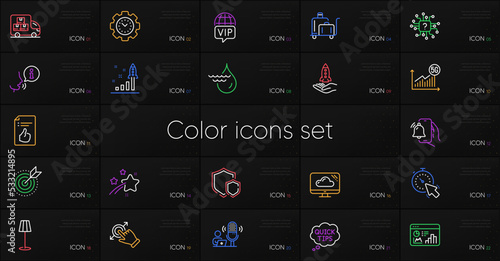 Set of Floor lamp, Vip internet and Approved document line icons. Include Alarm clock, Cloud storage, 5g statistics icons. Hydroelectricity, Time management, Delivery truck web elements. Vector