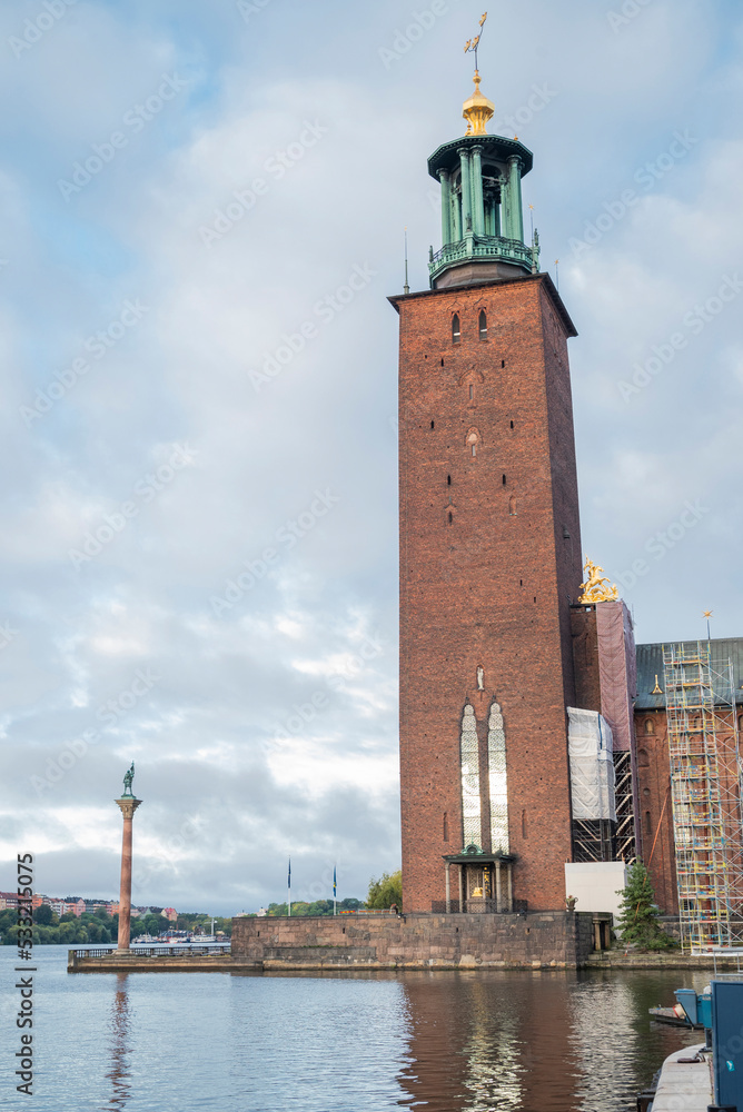 View of Stockholm City Hall Stadshuset, building of Stockholm and Kungsholmen island, Sweden