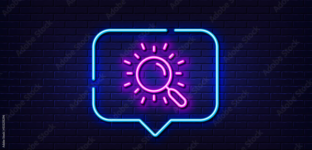 Neon light speech bubble. Search line icon. Find document sign. Magnify glass. Neon light background. Search glow line. Brick wall banner. Vector Neon light speech bubble. Search line icon. Find document sign. Magnify glass. Neon light background. Search glow line. Brick wall banner. Vector