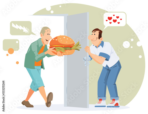 Courier brought man large hamburger. Illustration for internet and mobile website.