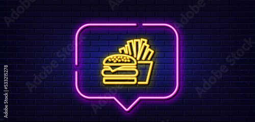 Neon light speech bubble. Burger with fries line icon. Fast food restaurant sign. Hamburger or cheeseburger symbol. Neon light background. Burger glow line. Brick wall banner. Vector