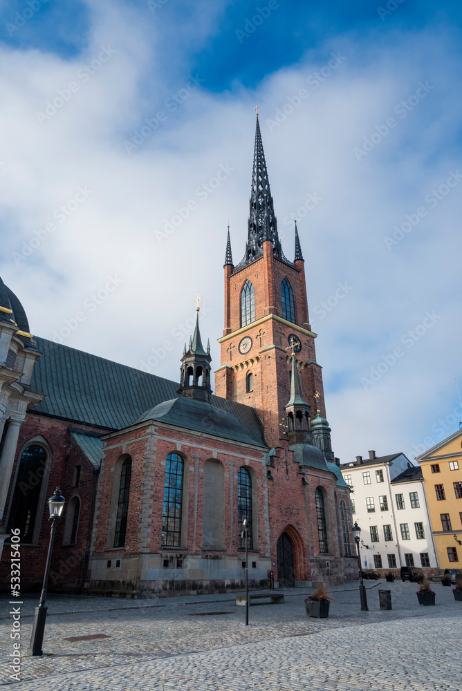 View of the Stockholm Riddarholm Church (Riddarholmskyrkan) an old religious building in the city center