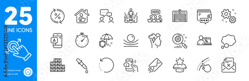 Outline icons set. Wholesale inventory, People chatting and Parking garage icons. Timer, Wallet, Swipe up web elements. Elastic material, Work, Umbrella signs. Talk bubble. Vector