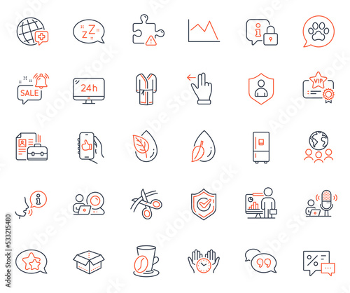 Business icons set. Included icon as Sleep, Vip certificate and Line chart web elements. Quote bubble, World medicine, Vacancy icons. Refrigerator, Security, Global business web signs. Vector