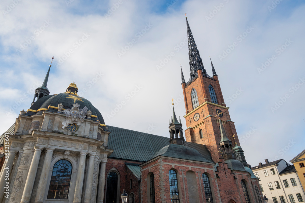 View of the Stockholm Riddarholm Church (Riddarholmskyrkan) an old religious building in the city center