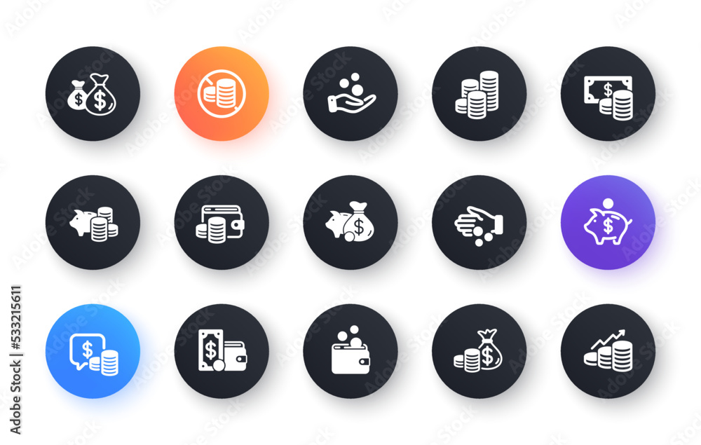 Coins icons. Cash money, Donation coins, Give tips icons. Piggy bank, Business income, Loan. Money savings, give coin, cash tips. Investment profit, financial growth chart. Circle web buttons. Vector Coins icons. Cash money, Donation coins, Give tips icons. Piggy bank, Business income, Loan. Money savings, give coin, cash tips. Investment profit, financial growth chart. Circle web buttons. Vector