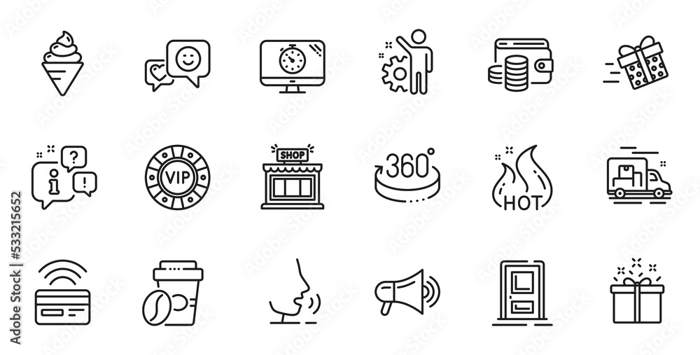 Outline set of Takeaway coffee, Employee and Smile line icons for web application. Talk, information, delivery truck outline icon. Include Megaphone, Ice cream, 360 degrees icons. Vector