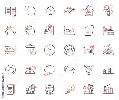 Education icons set. Included icon as Consulting business, Inspect and Timer web elements. Cloud system, Messenger, Artificial intelligence icons. Typewriter, Talk bubble. Vector