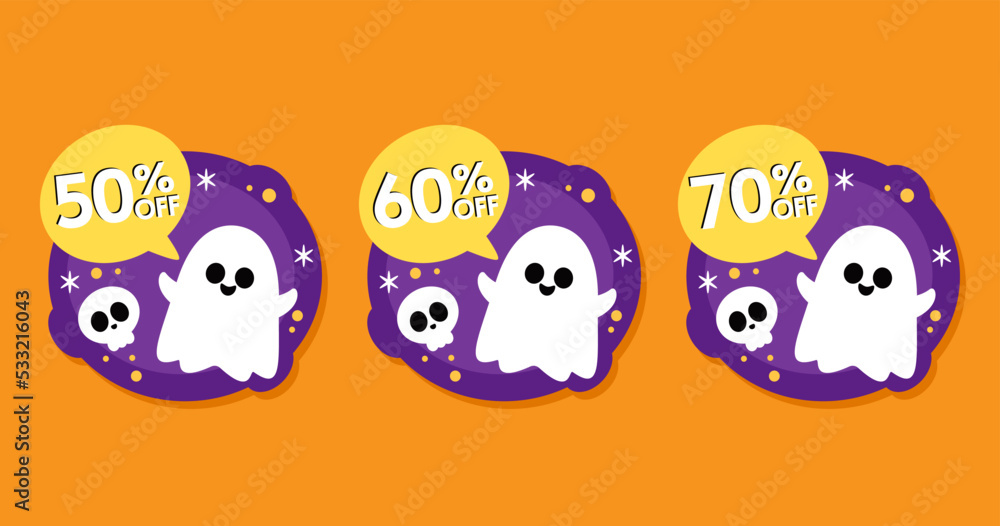 Obraz premium Halloween sale tag. Happy Halloween. Sale Coupon, voucher and tag. Vector illustration. Sale tag 50%, 60%, 70%.