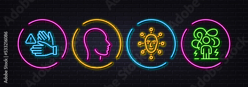 Face biometrics, Dont touch and Head minimal line icons. Neon laser 3d lights. Difficult stress icons. For web, application, printing. Facial recognition, Clean hands, Human profile. Vector
