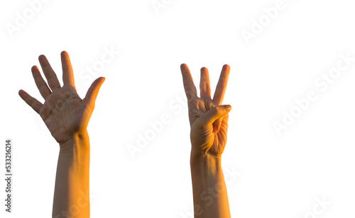 Hand making number eight gesture on transparent background.