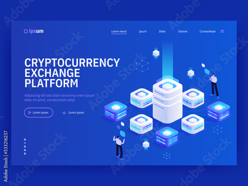 Cryptocurrency exchange platform isometric vector image on blue background. Digital place to buy and sell cyber cash. Free business. Web banner with space for text. Composition with 3d components
