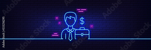 Neon light glow effect. Businessman with Case line icon. Diplomat with Dollar sign. 3d line neon glow icon. Brick wall banner. Businessman case outline. Vector