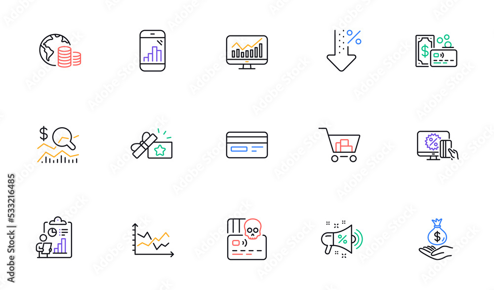 Check investment, Loyalty gift and Low percent line icons for website, printing. Collection of Credit card, Cyber attack, Online shopping icons. Card, Diagram chart, Report web elements. Vector Check investment, Loyalty gift and Low percent line icons for website, printing. Collection of Credit card, Cyber attack, Online shopping icons. Card, Diagram chart, Report web elements. Vector