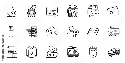 Outline set of Heart, Scroll down and Boarding pass line icons for web application. Talk, information, delivery truck outline icon. Include Shirt, 5g internet, Delete user icons. Vector