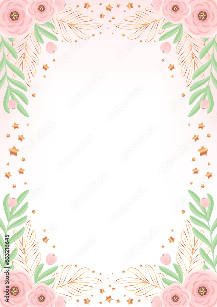 Floral background. Beautiful frame of roses and gold leaves. Vector illustration 10 EPS.