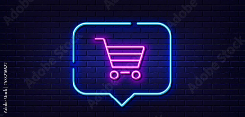 Neon light speech bubble. Shopping cart line icon. Online buying sign. Supermarket basket symbol. Neon light background. Market sale glow line. Brick wall banner. Vector