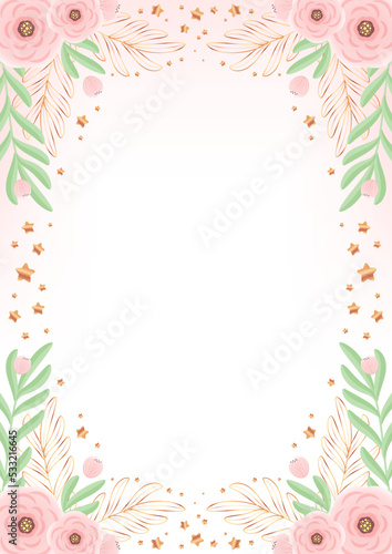 Floral background. Beautiful frame of roses and gold leaves. Vector illustration 10 EPS.