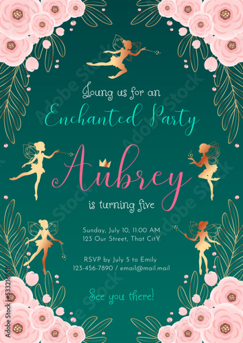 Birthday party invitation template. Gold silhouette of a cute little fairy on a beautiful floral background. Vector illustration 10 EPS.