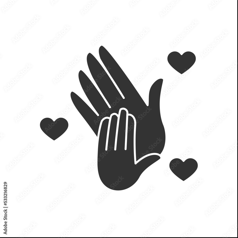 Support glyph icon. Participation in charity. Hand with hearts. Donate to the foundation. Humanitarian aid. Volunteering. PR marketing concept.Filled flat sign. Isolated silhouette vector illustration