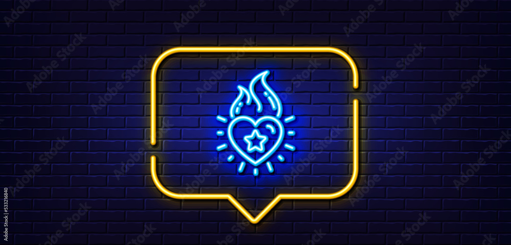 Neon light speech bubble. Heart flame line icon. Love fire emotion sign. Valentine day symbol. Neon light background. Heart flame glow line. Brick wall banner. Vector Neon light speech bubble. Heart flame line icon. Love fire emotion sign. Valentine day symbol. Neon light background. Heart flame glow line. Brick wall banner. Vector