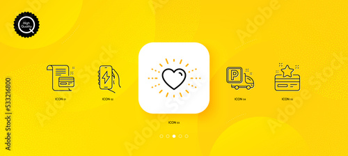 Truck parking, Payment card and Charging app minimal line icons. Yellow abstract background. Loyalty card, Heart icons. For web, application, printing. Vector