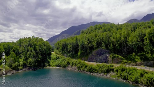 Imagen aerea desde dron de un bosque y un mirador a orillas del lago Panguipulli en el sur de chile photo