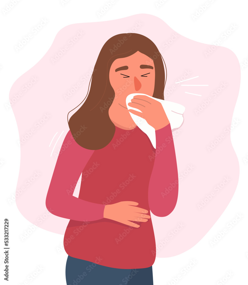 The girl sneezes into a handkerchief. The woman got sick with a cold, a virus, a runny nose. Vector graphics. The girl sneezes into a handkerchief. The woman got sick with a cold, a virus, a runny nose. Vector graphics.
